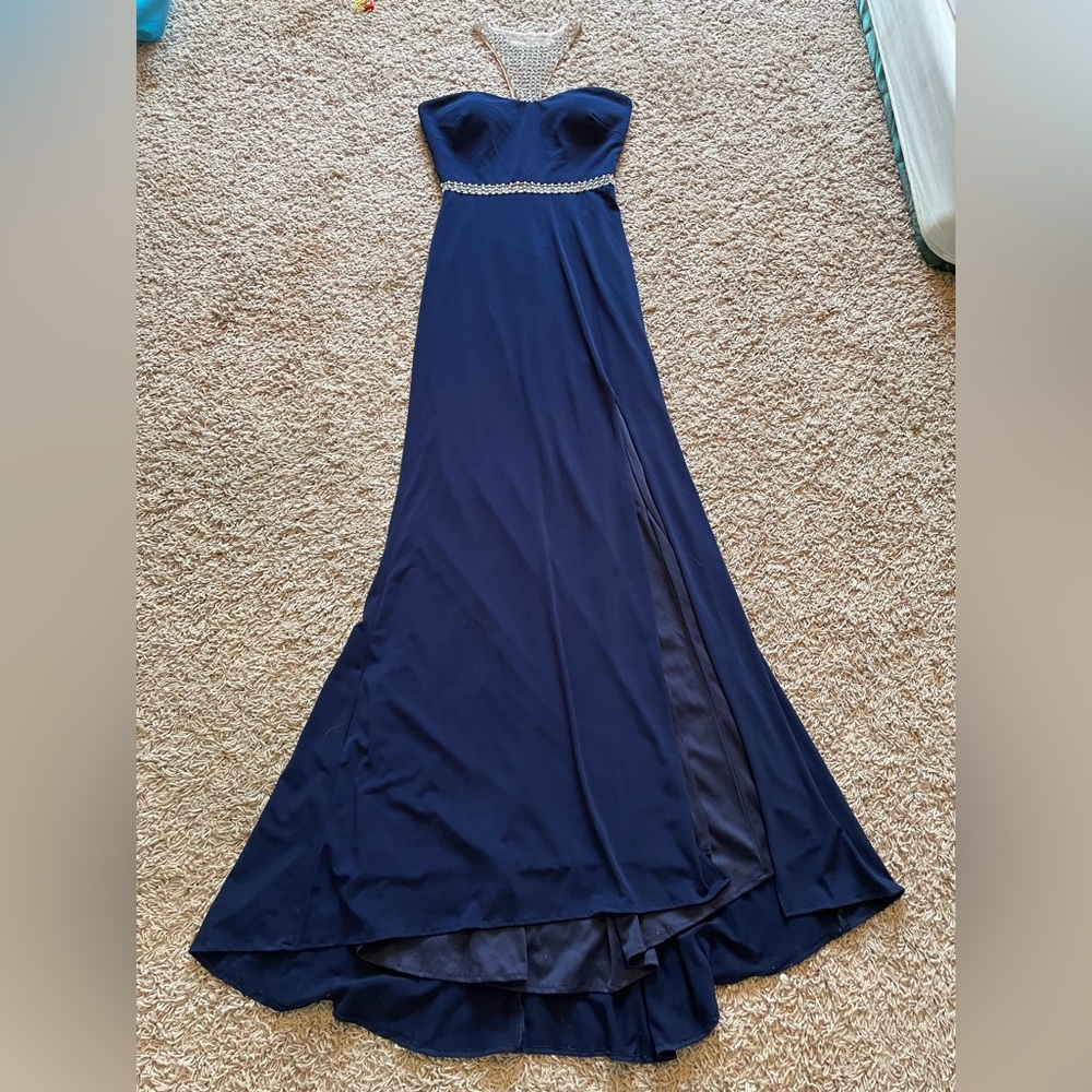 Terani Couture Navy Formal Dress Strapless Slit stretch Size 0 Rhinestone Halter